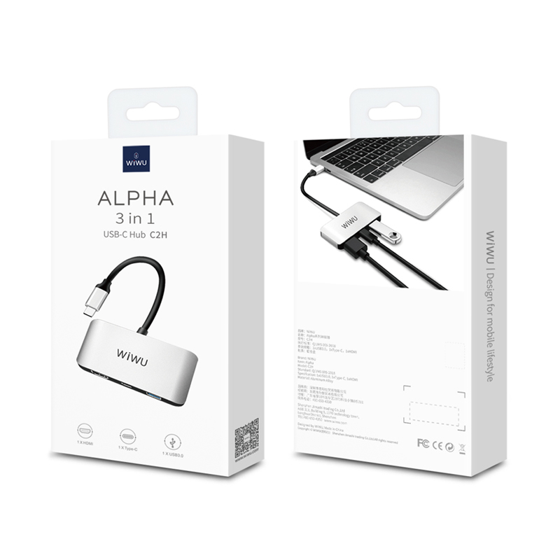 WiWU Alpha C2H 3 in 1 USB Type C HUB to 1080P 4K USB 3 in 1 USB C HUB Converter Adapter Cable